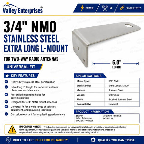 Heavy Duty 3/4 Inch NMO L Mount Bracket for Mobile Radios with 6 Inch Stainless Steel Arm and Specifications