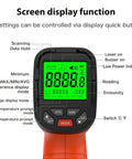 Screen display of Non Contact Infrared Thermometer Gun With 50 To 1 Distance To Spot, 13 Laser Points, and functions labeled.