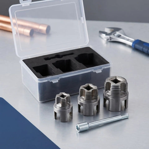 Dual Function Pipe Threading Tool Set with steel thread cutters and carry case for water lines internal and external use