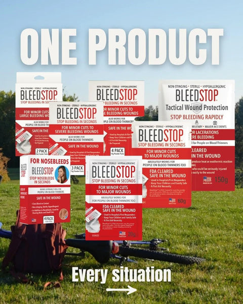 Front view of BleedStop Nosebleed Strips packaging set, multiple red-and-white drugstore boxes labeled BleedStop outdoors.
