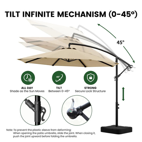 10 Feet Cantilever Offset Patio Umbrella With Base Included, Yarn Dyed Fabric, 8 Rib Sturdy Frame, 360 Degree Rotation And Easy Tilt, tilt mechanism demonstration