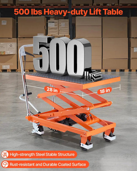 Heavy Duty Hydraulic Lift Table Boasting 500 Lb Capacity And 47 Inch Lifting Height showing 500 lbs with 28x18 inch steel platform in warehouse