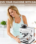 Woman using Ultimate Espresso Machine Slider Compatible With Breville 870XL to move espresso machine easily on countertop.