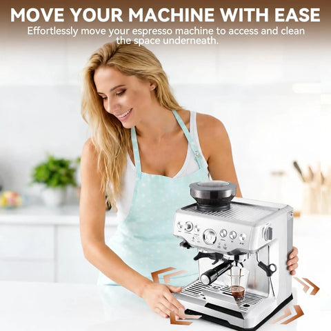 Woman using Ultimate Espresso Machine Slider Compatible With Breville 870XL to move espresso machine easily on countertop.