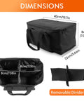 Waterproof Par Light Bag For Four Par Spotlight Lights with dimensions and removable dividers shown, black padded case.