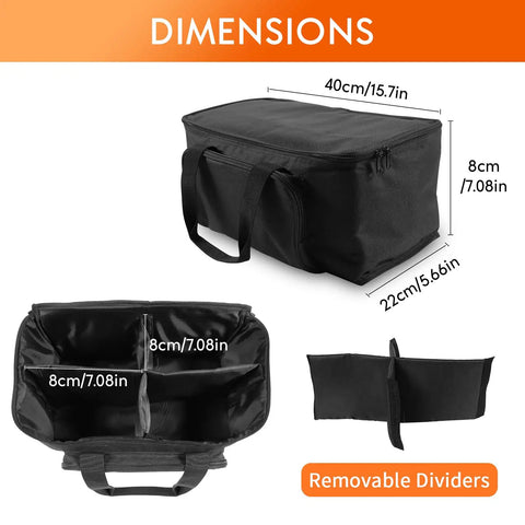 Waterproof Par Light Bag For Four Par Spotlight Lights with dimensions and removable dividers shown, black padded case.