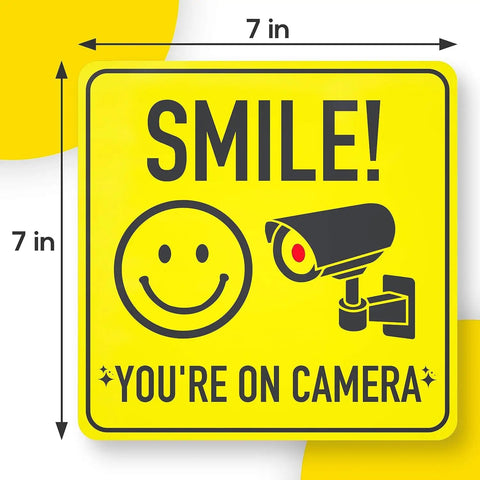 Smile Youre On Camera Signs 7 By 7 Inch 8 Pack Security Notice Stickers For Home Office And Outdoors Deterrent Alerts Visitors Theyre On Camera And Helps Keep Your Family And Property Safe With This Easy To Install Sign Set. 7x7 in yellow vinyl sign