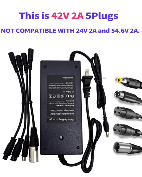 42V 2A Universal Charger With Five Plugs For 36V Li Ion Battery Packs 10S Compatibility For Razor Swagtron Gotrax Ninebot Segway Hiboy And More 3 Prong DC Interface 8mm 12mm RCA XLR