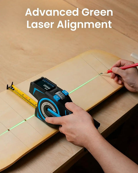 Digital Tape Measure With 12ft Tape And 330ft Laser Distance Meter Pro Grade Precision 1.5mm Dual Tape And Laser Measuring Tool For DIY Projects On Site Readouts Fast Accurate Measurements For Builders And Handypersons on wood board