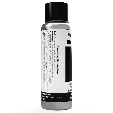 Side view of gray bottle with black cap and label for Aluminum Anodizing Pigment Dyes, Black E-CRO powder concentrate