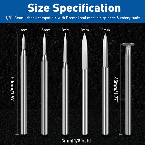 Six Piece Wood Carving Drill Bit Set For Rotary Tools With 1/8 Inch Shank, sizes 1mm to 3mm, shown vertically on black background.