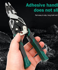 Solid Grip Multifunctional Wire Stripper And Crimper Pliers All In One Cable Cutter held in hand with non-slip adhesive handles.