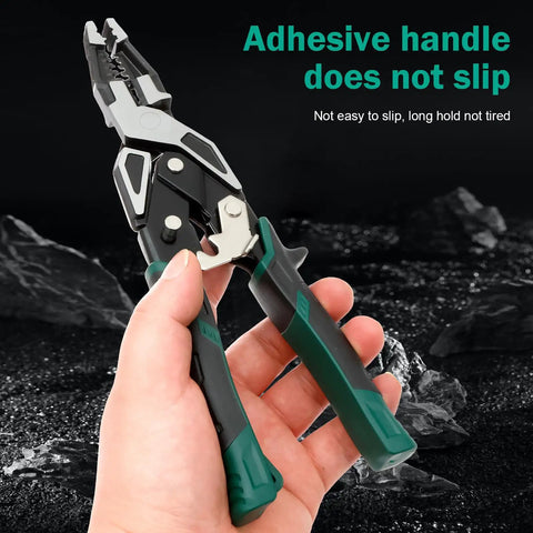 Solid Grip Multifunctional Wire Stripper And Crimper Pliers All In One Cable Cutter held in hand with non-slip adhesive handles.