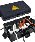 Medium Outdoor Electrical Box Weatherproof IP54 with six cable entry ports, extension cord cover, protects power strip timers, black
