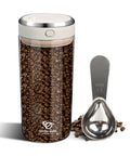 Big Capacity Airtight Coffee Bean Storage Jar With Date Tracker, 1700 ml borosilicate glass jar filled with coffee beans and stainless scoop.