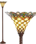 Arielle Tiffany-Style Torchiere Floor Lamp With Hand Cut Stained Glass Shade Featuring 531 Pieces Wrapped In Copper Foil Amber And Green Tones With A Lit Amber Glow 72 Inch Tall ETL Listed Classic Yet Modern Showpiece