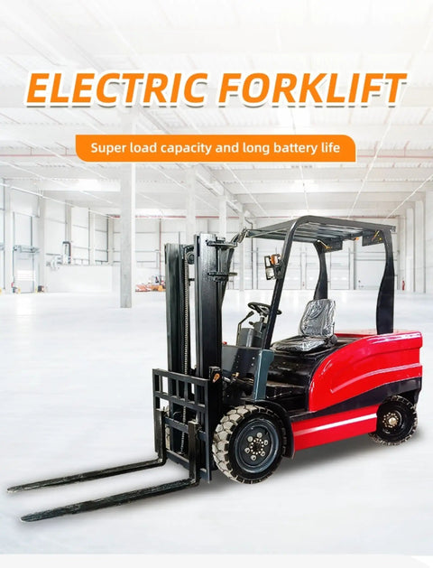 3300 To 6000 Lb Electric Stacker Forklift For Warehouses Powering Logistics With Battery Operated Material Handling Lift Truck Storage Centers front view in a warehouse setting.