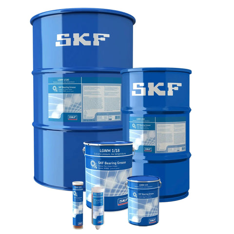Blue barrels and containers of SKF bearing grease with labels visible, suitable for cold weather and heavy loads equipment.