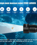 D511 2200 Lumen LED Dive Light With Aluminum Alloy Body, showcasing 8-degree spot beam in underwater scene