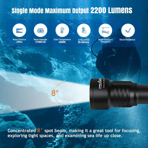 D511 2200 Lumen LED Dive Light With Aluminum Alloy Body, showcasing 8-degree spot beam in underwater scene
