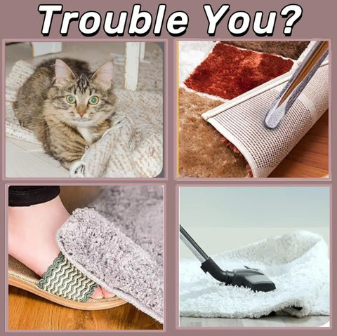Cat on rumpled rug, vacuum lifting corner, foot tripping on rug, broom smoothing rug. Non Slip Rug Grippers With Strong Adhesive Double Sided Tape For Area Rugs Keeps Corners Flat, Stops Sliding On Hardwood Or Tile Floors, Removable, Reusable, And Washable, 10 Pack.
