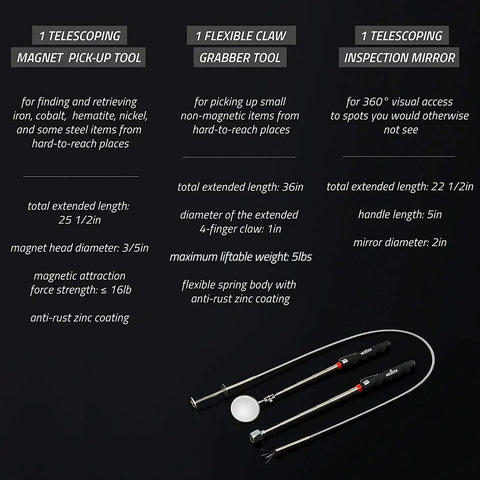 Premium Telescoping Magnetic Pickup Tool Set with 36 Inch Flexible Grabber, 16 Pound Pull Magnet on a Stick in packaging