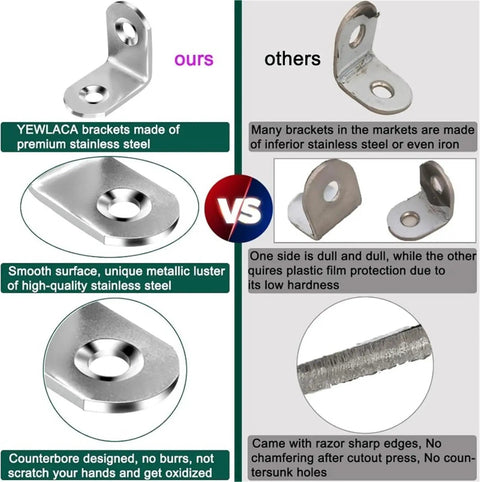 Comparison of Hella Sturdy Stainless Steel Shelf Brackets, L Shaped Corner Mounts with smooth finish vs inferior brackets.