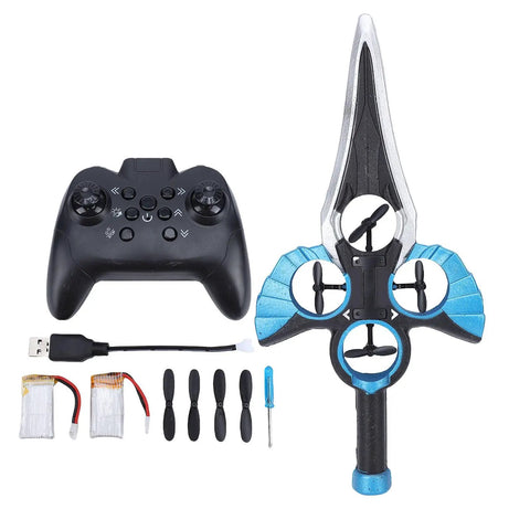 Rad Stunt Flying Sword RC Glider with remote, charger, and spare parts, featuring EVA foam and gesture control technology