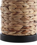 Natural Coastal Water Hyacinth Table Lamp Set Of 2 With Light Grey Linen Shade For Living Room Or Nightstand, close-up of the woven base showing texture.