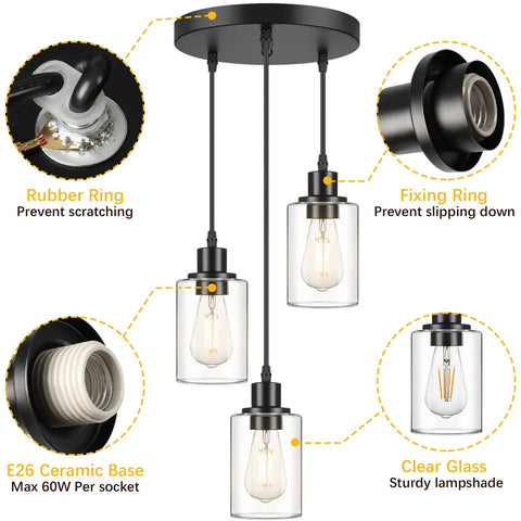 Industrial Three Light Pendant Light With Adjustable Height Up To 34 Inches, black finish, clear glass shades, E26 base, three bulbs.