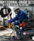 Worker using One Quarter Inch NPT Inline Water Separator For Air Compressors with filtration setup in workshop