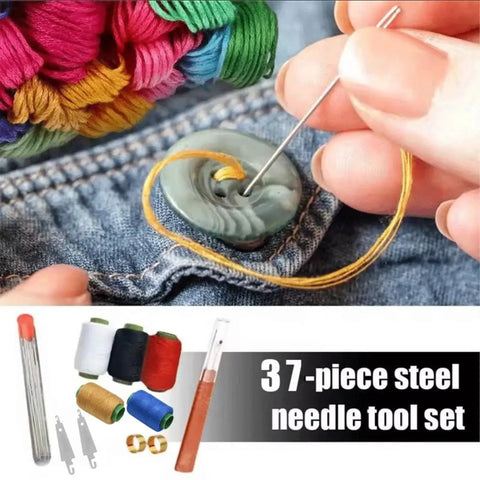 37-Piece Big Eye Steel Sewing Tool Set with Needle And Thread Kit, showing threads and needles for hand sewing on fabric.