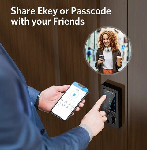 Smart Keyless Door Lock With Bluetooth App Control, Four Unlock Options Including Keypad, IC Card, app on smartphone display
