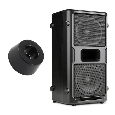 Heavy Duty Rubber Feet And Isolation Pads To Crush The Rattle And Keep Your Gear Planted Solid For Subwoofers Guitar Amps Turntables And Furniture With Stainless Screws beside a black speaker.