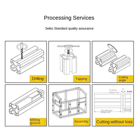 Processing services for Rock Solid 4080 V Slot Aluminum Extrusion Profile including drilling, tapping, cutting, and assembly.