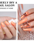 Coral Orange Gel Nail Polish 10ml HEMA Free UV LED Cure Soak Off Long Lasting Summer Formula on orange nails with palm trees.