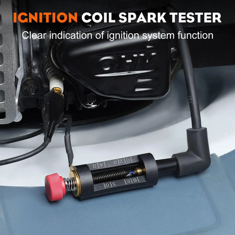Close-up of ignition coil spark tester from Pack Of Fourteen Carburetor Adjustment Tools And Spark Tester For 2 Cycle Small Engines.