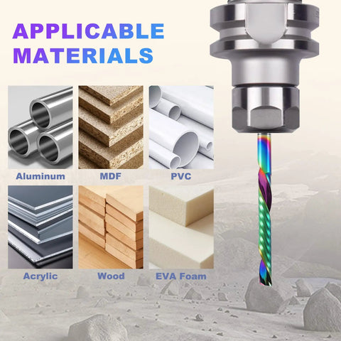 10 Pcs O Flute Downcut Router Bits Set With One Eighth Inch Shank DLC Coated Carbide End Mills for various materials including aluminum, MDF, PVC.