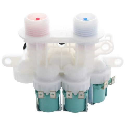 Front view of upgraded water inlet valve replacement compatible with Whirlpool Kenmore Maytag washers W11096268 W11220230.