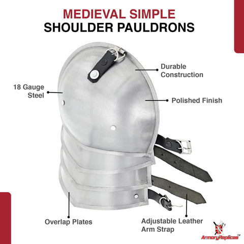 Medieval Pauldron Armor For LARP And Cosplay, 16 Gauge Polished Steel Shoulder Armor With Adjustable Belt And Buckle