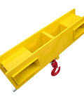 Heavy Duty Universal Forklift Lifting Hook Rated For 4800 Lb Loads built in yellow steel with a red safety hook for lifting.