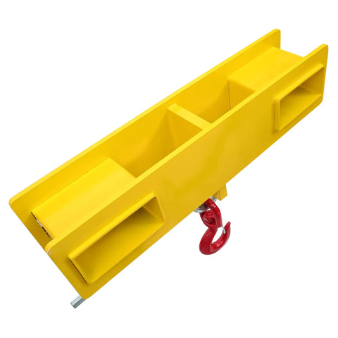 Heavy Duty Universal Forklift Lifting Hook Rated For 4800 Lb Loads built in yellow steel with a red safety hook for lifting.