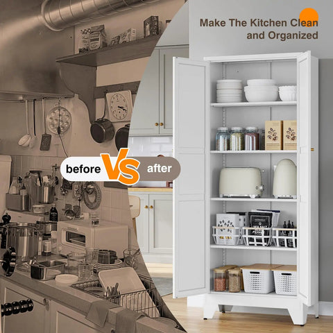 Beefy Heavy Duty Metal Pantry Cabinet With Two Doors And Four Adjustable Shelves, 75 Inch Tall White Steel Kitchen Storage Cupboard