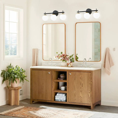 Bathroom with Black And Gold Lit Three Light Vanity Light Fixture For Bathroom Mid Century Modern Wall Sconce With Milky White Frosted Glass Shades
