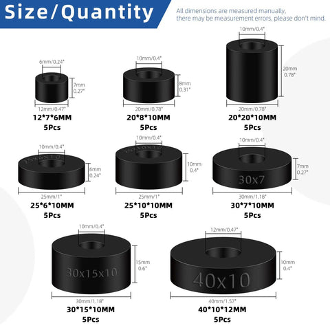 Size chart of 40 Piece Round Rubber Spacer Set in Eight Sizes Dope Anti Vibe Neoprene Washers, multipurpose black spacers and bushings.