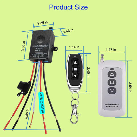 Waterproof Wireless Remote Forward And Reverse Switch For Linear Actuators 5 To 48V DC, 10A Controller dimensions shown