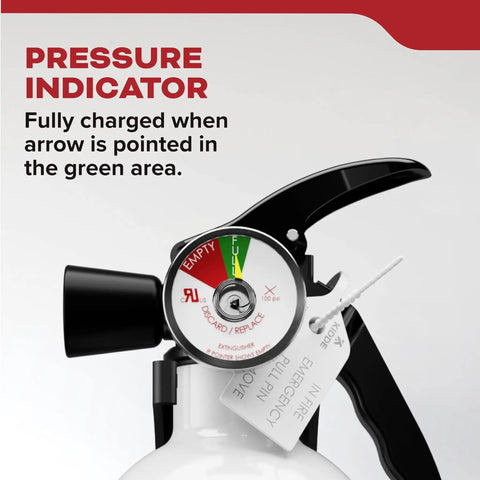 Close-up of pressure indicator on Kitchen Fire Extinguisher For Home Use, Easy Pull Pin, All Metal Valve, 711A Rating