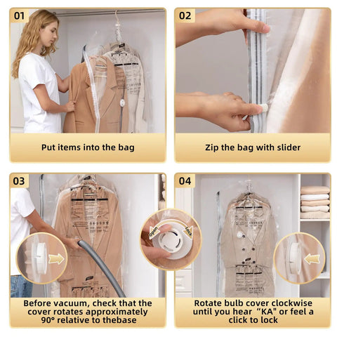 Steps to use hanging vacuum storage bags space saver for clothing suits and jackets, closet organizer travel set of 4.
