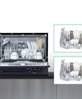 No Sweat Countertop Or Built In Dishwasher Fully Automatic Machine Handles Five Place Settings, loaded with clean dishes inside.