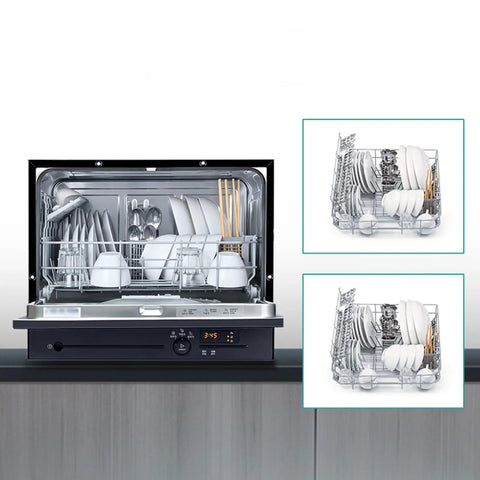 No Sweat Countertop Or Built In Dishwasher Fully Automatic Machine Handles Five Place Settings, loaded with clean dishes inside.